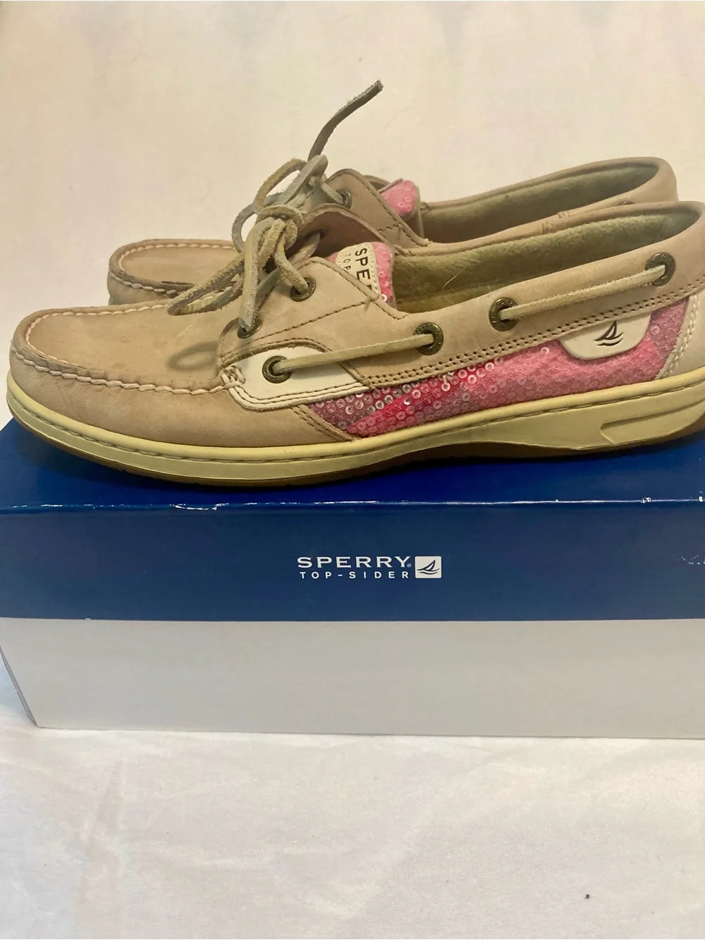 Sperry Bluefish Linen Rose Plaid Sequin Tan & Pink Leather Sequin Boat Shoes 9